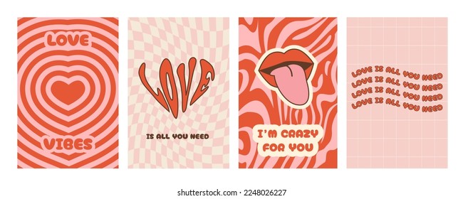 Happy Valentines day greeting card with inspirational slogan. Set of funky groovy hippie love posters. Abstract background in trendy retro 60s 70s cartoon style. Vector illustration.