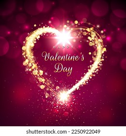 Happy valentines day greeting card. Golden heart. February 14. Gold particle frame. Bokeh valentine background. Golden heart copy space for text bokeh background. Holiday banner. Vector illustration