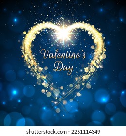 Happy valentines day greeting card. February 14. Golden heart. Blue bokeh valentine background. Gold frame. Golden frame. Copy space, place for text bokeh background. Holiday banner. Vector