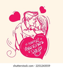 Happy valentines day greeting card vector illustration with hugging couple and love icon. valentines day illustration, template, banner, background design. Couple romantic moment line art drawing