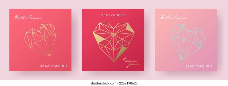 Happy Valentines day greeting card set. Trendy love and Valentine cards with typography and beautiful geometric line art golden jewelry hearts. Minimal poster, cover, banner, social media template