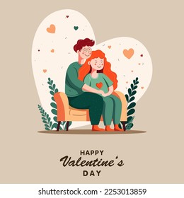 Happy Valentine's Day Greeting Card With Smiley Young Couple Sitting At Sofa, Leaves On Heart Shapes Pastel Brown Background.