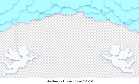 Happy Valentine's Day greeting card. Blue clouds or nubes with amour or cupid on a transparent background. Vector illustration.