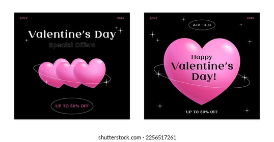 Happy Valentine's Day greeting card set  Gradient  Typography poster  3D  y2k aesthetic  Social media template  Digital marketing  Sale  Fashion advertising  Banner  Flyer  Trendy vector illustration 