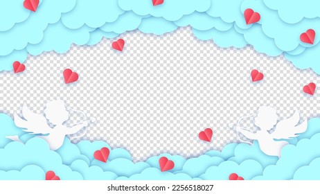 Happy Valentine's Day greeting card. Blue clouds or nubes and red hearts with amour or cupid on a transparent background. Vector illustration.