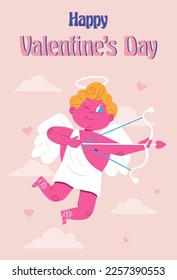 Happy Valentine's Day greeting card with cute cupid archer.Flat style vector illustration
