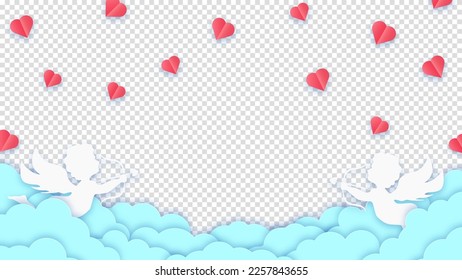 Happy Valentine's Day greeting card. Blue clouds or nubes and red hearts with amour or cupid on a transparent background. Vector illustration.