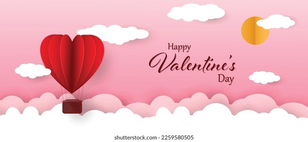 Happy Valentine's Day greeting card design. Holiday banner with hot air heart balloon. Paper art and digital craft style illustration