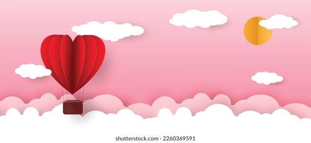 Happy Valentine's Day greeting card design. Holiday banner with hot air heart balloon. Paper art and digital craft style illustration