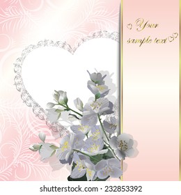 Happy Valentines Day Greeting Card  with white  flowering sprig of Jasmine with place for your text . Illustration