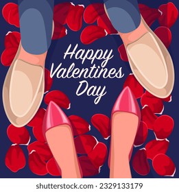 Feliz día de San Valentín, afiche de ilustración vectorial. Patas de caricatura de una pareja unida, pies de enamorados en zapatos durante la danza o la cita en pétalos de flores rojas, historia de amor de San Valentín