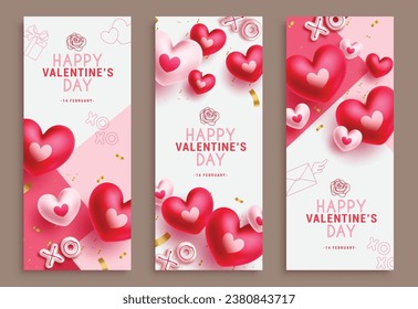 Happy valentine's day greeting card vector poster set. Valentine's gift cards lay out collection with heart balloons decoration elements in elegant background. Vector illustration hearts day greeting 