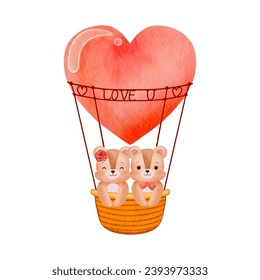 Happy Valentines day greeting card with watercolor couple bears in hot air balloon vector