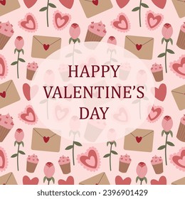 Happy Valentine's Day greeting card. Seamless valentine pattern with love letter, rose, cupcake and hearts