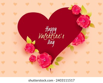 Happy Valentine's Day Greeting Card Decorated with Beautiful Flowers on Heart Pattern Red and Pastel Orange Background.