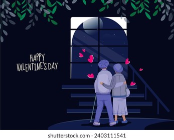 Happy Valentine's Day Greeting Card with Back View of Elderly Couple Looking at Moon Together Through Window on Blue Background. 