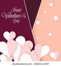 Happy Valentine's Day Greeting Card with Paper Hearts Decorated on Dark Pink and Peach Background.