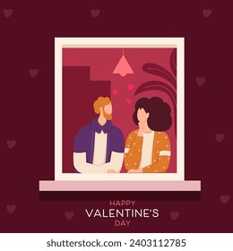 Herzlichen Glückwunsch Valentinstag Grußkartendesign mit Illustration von Cartoon Young Couple Blick auf einander auf das Fenster.