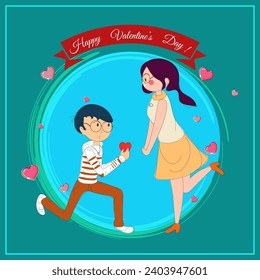 Happy Valentine's Day Greeting Card Design with Illustration of Cute Boy Proposing to Girl with Flying Hearts against Pastel Background.