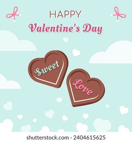 Happy Valentine's day. Greeting card with Heart shaped chocolates. Tasty dark or milk chocolate candy with romantic text. Festive banner with conffetti, bows lettering, clouds. Vector illustration