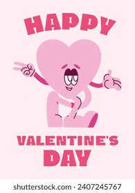 Feliz tarjeta de bienvenida de San Valentín. Groovy mascota retro corazones felices. Emoji de moda retro de los años 60. Estética del año 2000. Vector romántico Corazón feliz hippie en estilo de caricatura con texto aislado