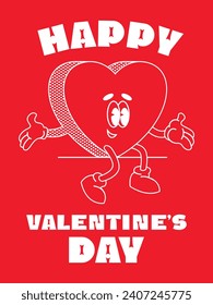 Happy Valentine's Day greeting card. Groovy retro mascot happy hearts. Trendy retro 60s 70s style emoji. Y2K aesthetic. Romantic vector Hippie happy hearts in cartoon style with text isolated