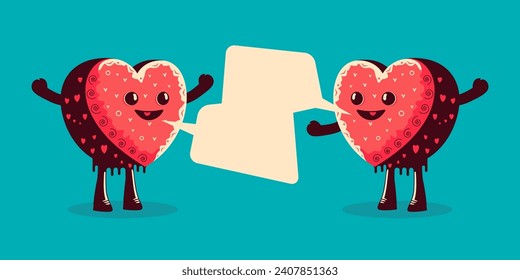 Happy Valentine's Day. A greeting card with two joyful cupcakes in the shape of a heart. An unexpected meeting of two friends.