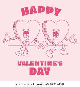 Happy Valentine's Day greeting card. Groovy retro mascot happy hearts. Trendy retro 60s 70s style emoji. Y2K aesthetic. Romantic vector Hippie happy hearts in cartoon style with text isolated