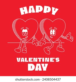 Happy Valentine's Day greeting card. Groovy retro mascot happy hearts. Trendy retro 60s 70s style emoji. Y2K aesthetic. Romantic vector Hippie happy hearts in cartoon style with text isolated