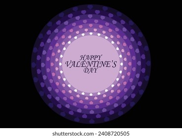 Happy Valentines day greeting card with purple halftone hearts on black background