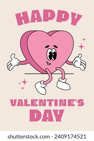 Happy Valentine's Day greeting card. Groovy retro mascot happy hearts. Trendy retro 60s 70s style emoji. Y2K aesthetic. Romantic vector Hippie happy hearts in cartoon style with text isolated