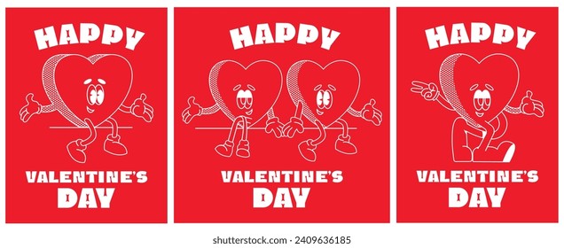 Happy Valentine's Day greeting card. Groovy retro mascot happy hearts. Trendy retro 60s 70s style emoji. Y2K aesthetic. Romantic vector Hippie happy hearts in cartoon style with text isolated