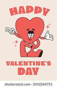 Feliz tarjeta de bienvenida de San Valentín. Groovy mascota retro corazones felices. Emoji de moda retro de los años 60. Estética del año 2000. Vector romántico Corazón feliz hippie en estilo de caricatura con texto aislado