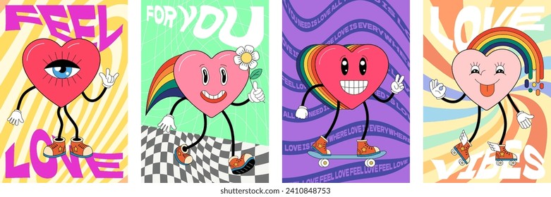 Happy Valentines Day greeting card. Groovy art typography poster. Retro funky cartoon heart characters. Valentine holiday vintage hippy hearts mascots. Crazy hippie love placard. Trendy y2k eps banner