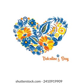 Happy Valentine's day. Greeting card with hearts. Traditional Ukrainian painting. Elements of blue and yellow floral ornament. Decorative composition in the form of a heart.