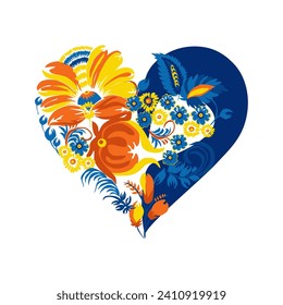 Happy Valentine's day. Greeting card with hearts. Traditional Ukrainian painting. Elements of blue and yellow floral ornament. Decorative composition in the form of a heart.