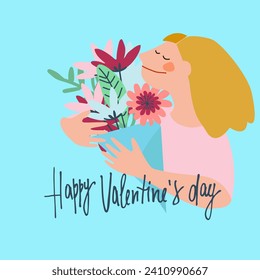 Happy Valentines Day greeting card with hand drawn man or woman with a bouquet of flowers and lettering