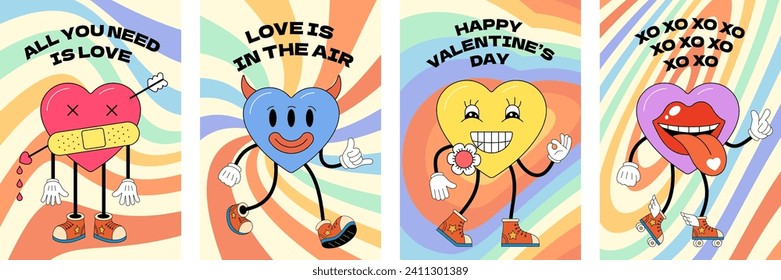 Happy Valentines Day greeting card. Groovy art typography poster. Retro funky cartoon heart characters. Valentine holiday vintage hippy hearts mascots. Crazy hippie love placard set. Trendy y2k banner