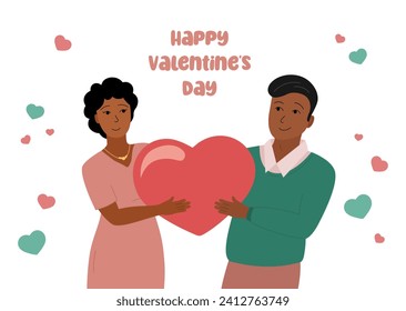 Happy Valentines Day greeting card. Couple in love. Smiling woman and man holding large heart together. Sweethearts flat vector illustration. Valentine celebration romantic poster.