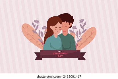 Happy Valentine's Day greeting card banner with vector clipart couple characters and stripe background