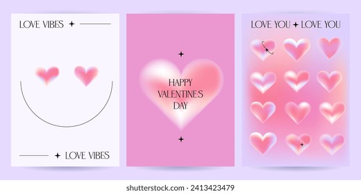 Happy Valentine's Day greeting card set with blurry Gradient hearts. Typography poster in y2k aesthetic. Social media template. Sale promotion. Fashion advertising banner. Trendy vector illustration.