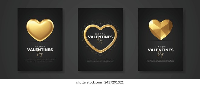 Happy Valentine's Day Greeting Card Design. Black and Gold Valentine's Day Background with Golden Heart. Luxury and Modern Design for Poster, Cover, and Banner Vector Illustration