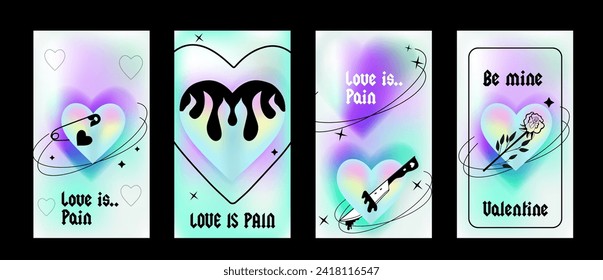 Happy Valentine's Day greeting card set. Gradient. Typography poster. y2k aesthetic. Social media template. Digital marketing. Sale promotion. Vector illustration