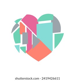Happy Valentine's day. Greeting card with hearts. Heart made of abstract geometric pattern. Heart made of pieces that make up a whole	