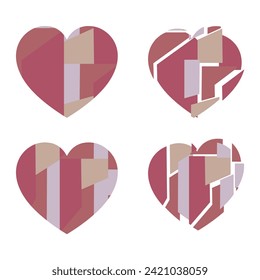 Happy Valentine's day. Greeting card with hearts. Heart made of abstract geometric pattern. Heart made of pieces that make up a whole