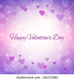 Happy Valentines day greeting card with hearts and lights vector background 