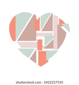 Happy Valentine's day. Greeting card with hearts. Heart made of abstract geometric pattern. Heart made of pieces that make up a whole