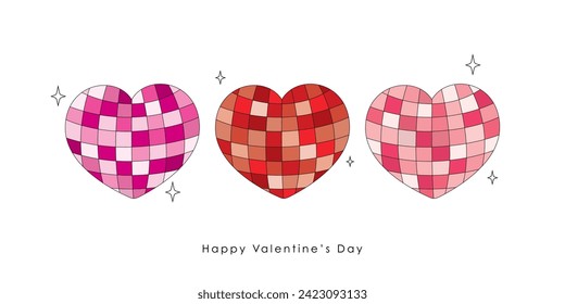 Feliz tarjeta de felicitación del Día de San Valentín con una bola disco super linda con forma de corazón. Banner de las fiestas de amor de estilo retro.