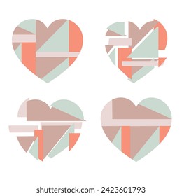Happy Valentine's day. Greeting card with hearts. Heart made of abstract geometric pattern. Heart made of pieces that make up a whole