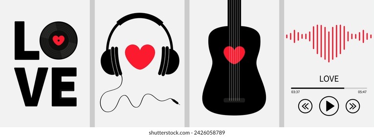 Happy Valentines Day greeting card, poster, banner set. LOVE. Black vinyl record disk. Heart sign symbol. Guitar, headphones, sound wave music player. Flat design. White background. Isolated. Vector